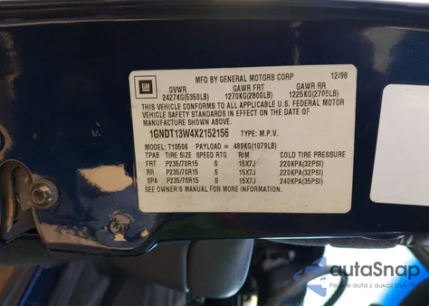 1999 Chevrolet Blazer Ls z USA, uszkodzony, nr VIN 1GNDT13W4X2152156